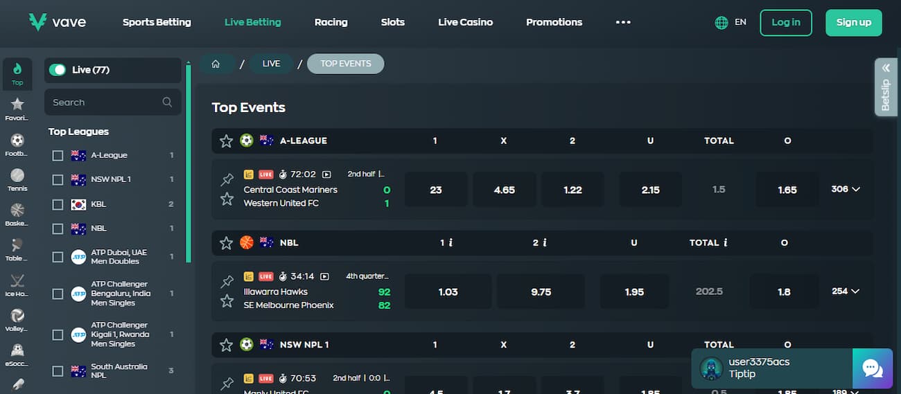 Live Betting at Vave