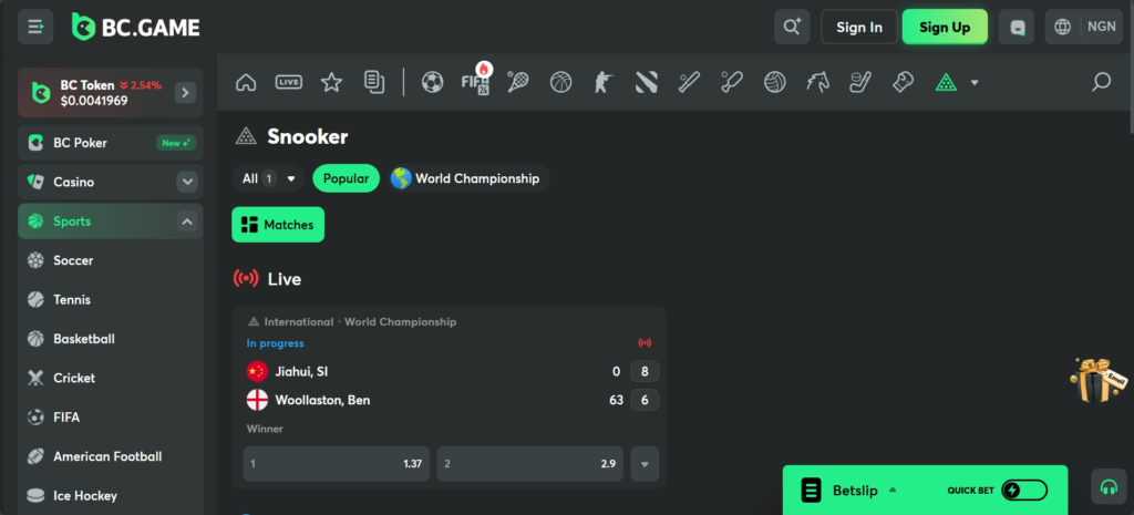 BC Game Crypto Snooker Bookmaker