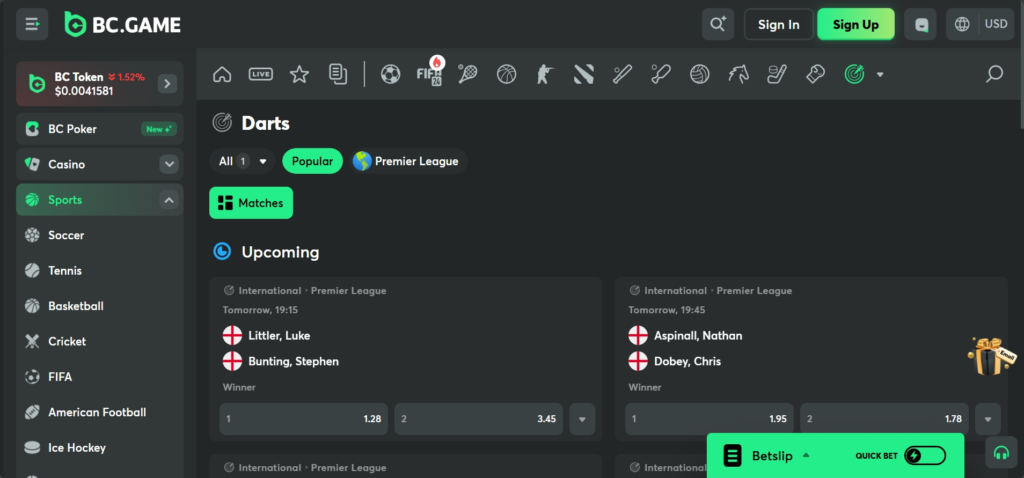 BC Game Bitcoin Darts Bookmakers