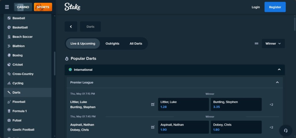 Stake Crypto Darts Betting Sites