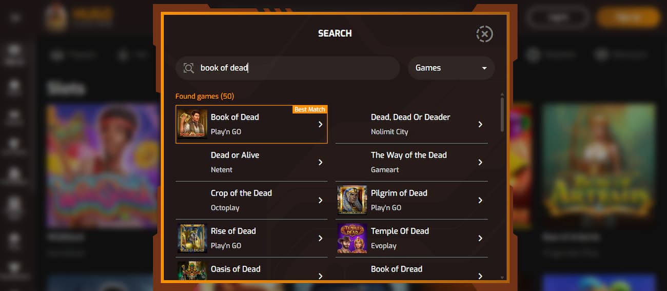 Book of Dead at Hugo Crypto Casino