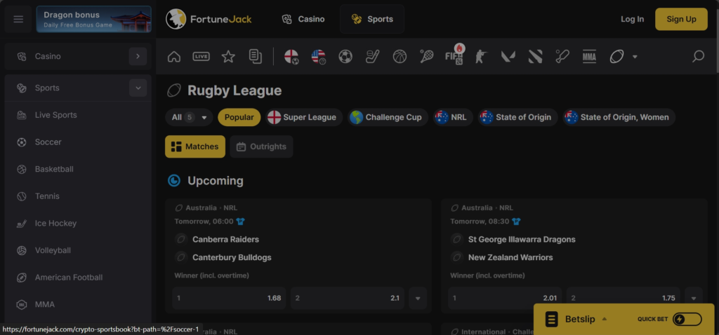 FortuneJack Crypto Rugby Sportsbook