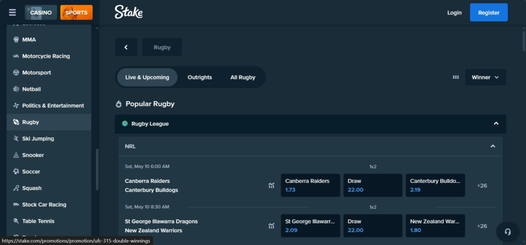 Stake Crypto Rugby Betting Site