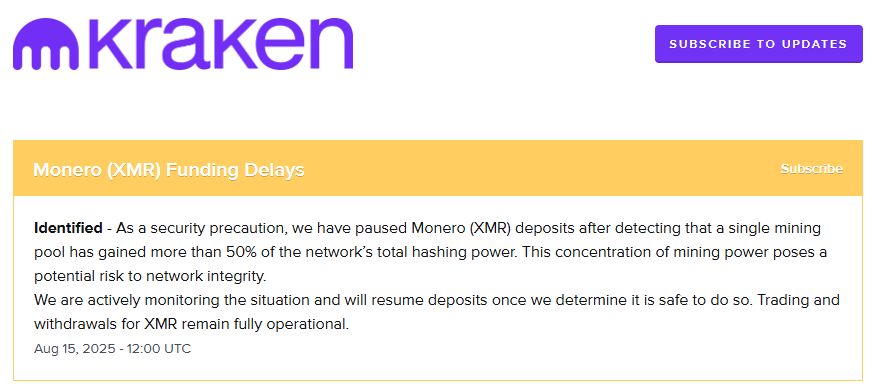 Kraken Suspends Monero Deposits Amid Qubic’s 51% Hashrate Takeover